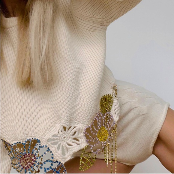 AREA NYC cropped crystal embellished ribbed cotton blend sweater - Picture 1 of 8